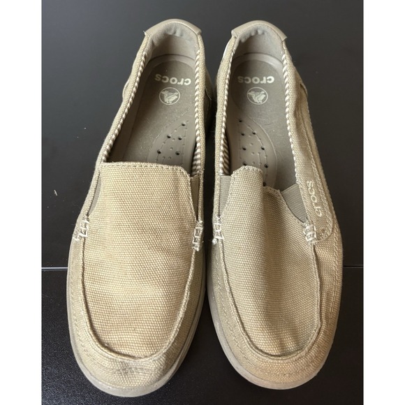 Crocs Shoes Womens 6 Walu Loafers Khaki Canvas Casual Slip On - Picture 2 of 6